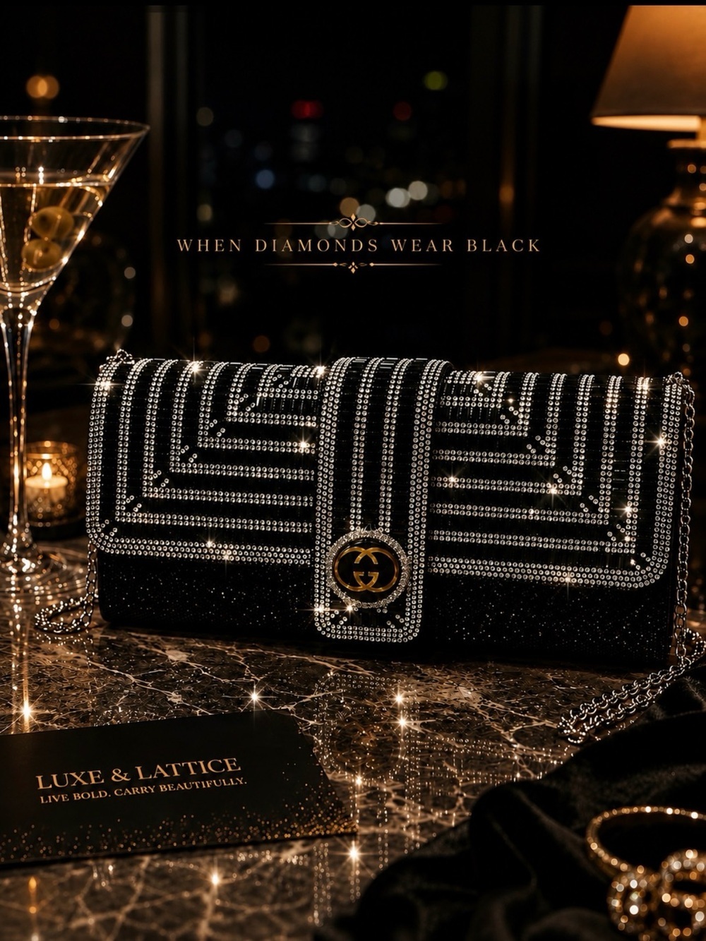 When Diamonds Wear Black Art Deco Inspired Bag Clutch-Chain Crystal GG